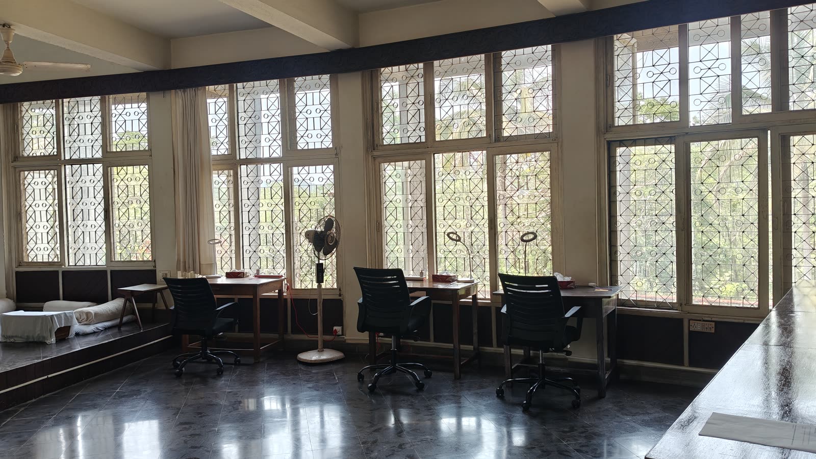 Coworking desks with a forest view