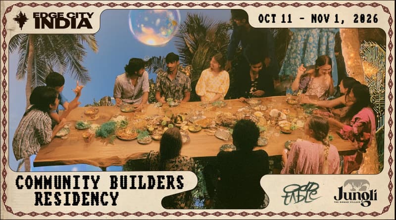 A long communal dinner table under palm trees at the Community Builders Residency