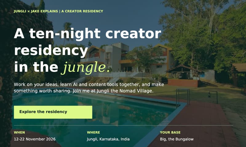 The Jake Explains creator residency page, a poolside bungalow in the jungle